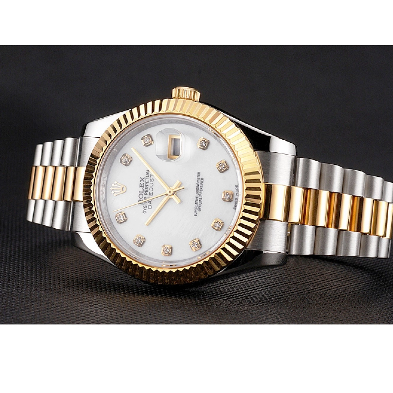 Aaa replica watch Rolex Datejust Case Marks Bracelet Diamond Hour Steel White Stainless Tone Bezel Dial Swiss Gold Two 0729